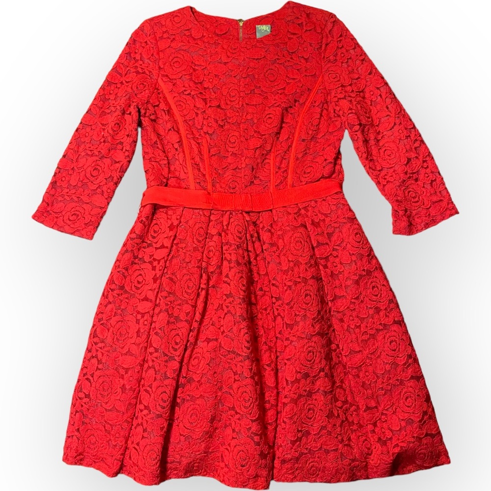 Taylor Red Lace 3/4 Sleeve Tea Dress w Crinoline Size 12